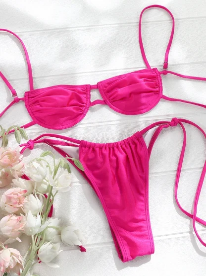 Sexy Pink Ruched Micro Bikini - Image 3
